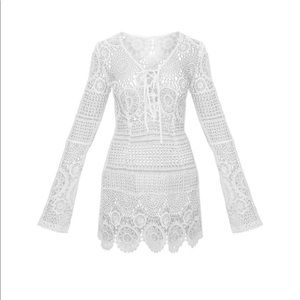 White Tie Front Flare Sleeve Crochet Bodycon Dress